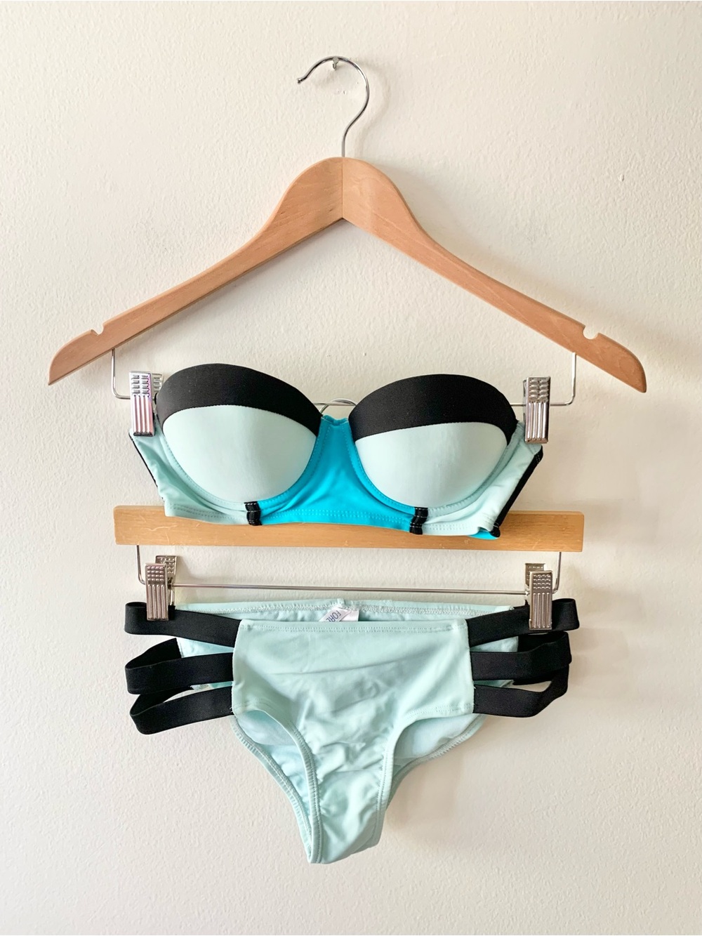 NEW Forever 21 Aqua and Black Bikini Top and Bottom Set